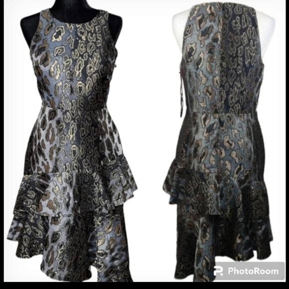 Vince Camuto Animal Print Mettalic  Asymmetrical Tierd Hem Cocktail Dress - Picture 2 of 12